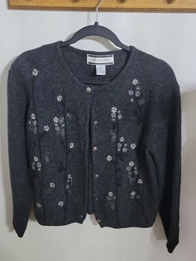 Crystal Kobe 100% Wool Floral Cardigan Sweater, Size S